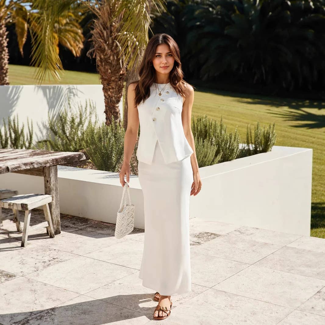 Solid-color elegant round-neck vest skirt set