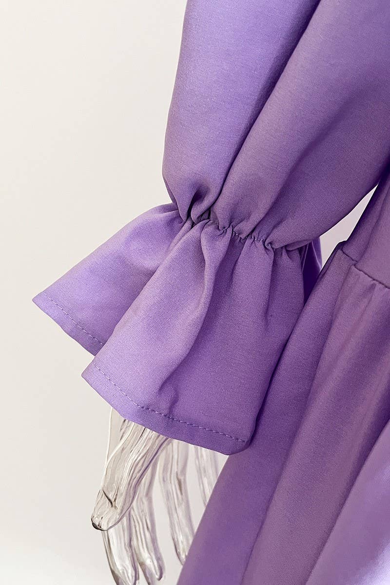 CWDMD4822_RUFFLED SQUARE NECK TRUMPET SLEEVE SWING DRESS