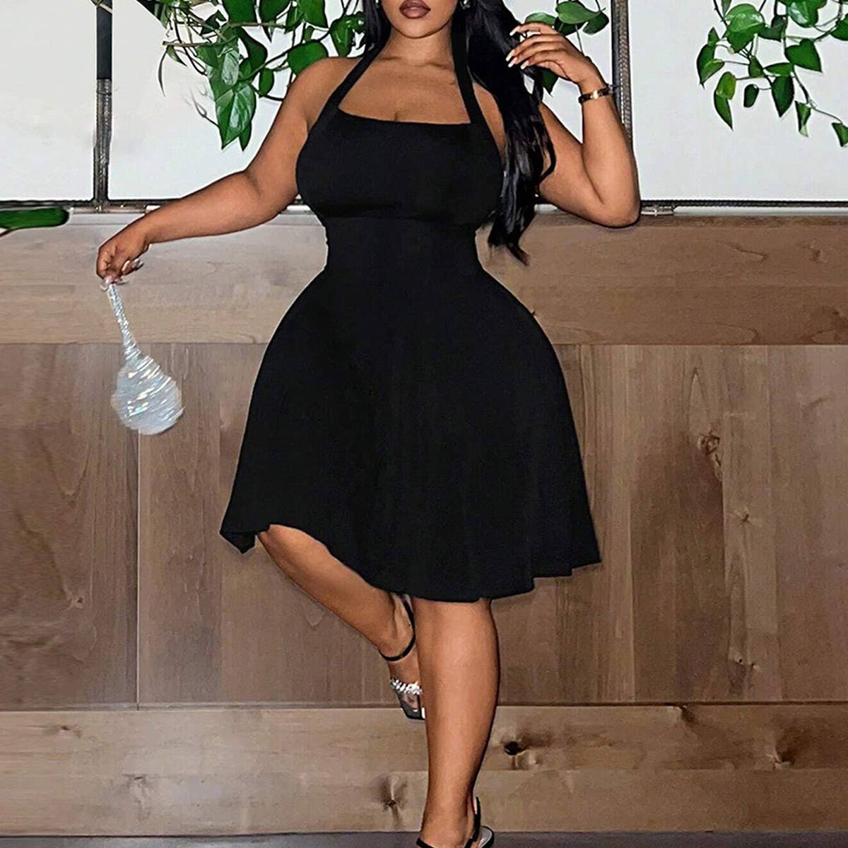 Square Neck Halter Cinched Waist A-Line Dress_CWDMD6063