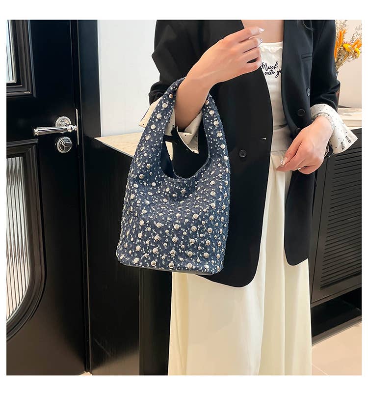 Fashionable riveted denim single-shoulder bag
