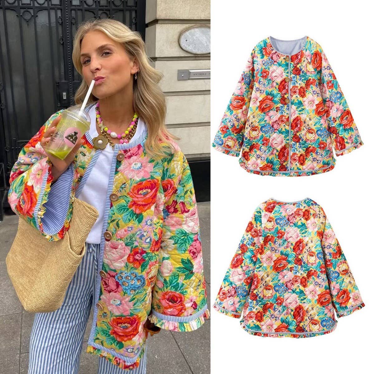 FLORAL PRINT CREW NECK PUFF SLEEVE QUILTED JACKETS