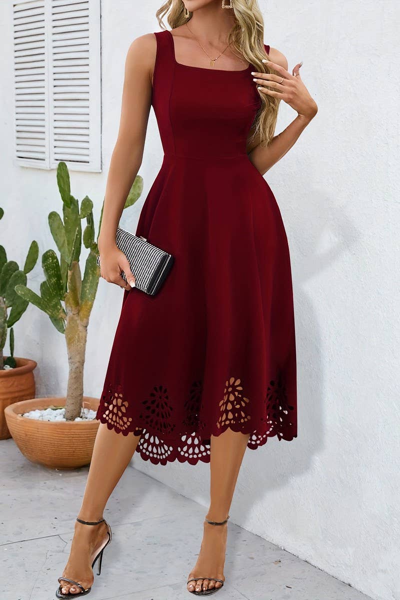 CWDHL0779_ELEGANT IRREGULAR HEM HOLLOW VEST DRESS