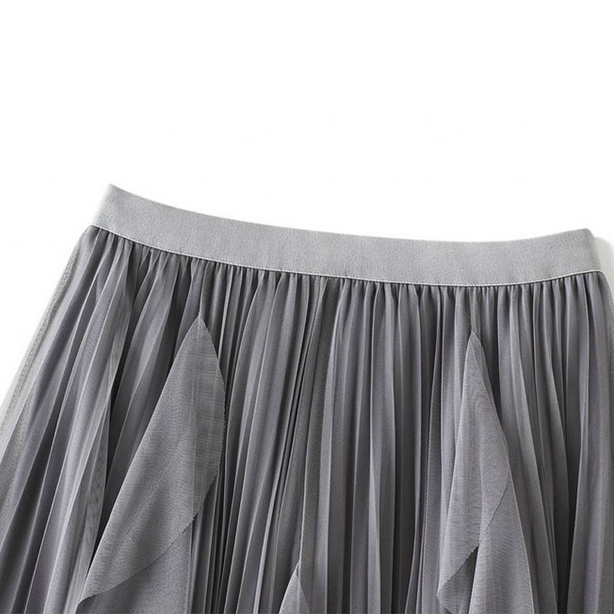 Ruffled Mesh Panel High-Waist Pleated Midi Skirt