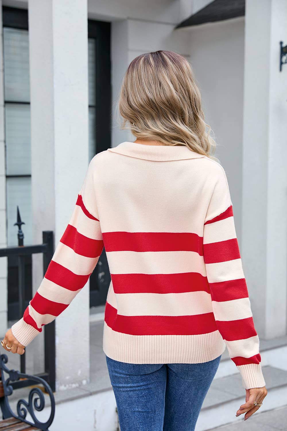 STRIPED PATCHWORK PLOL COLLAR SWEATER SWEATER
