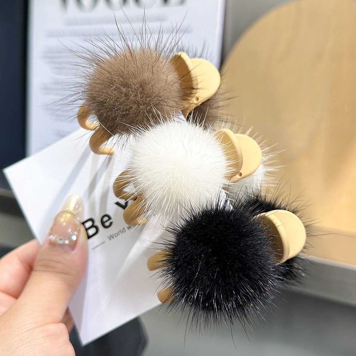 Mink Fur Ball Hair Claw - Cute Winter Fluffy Clip