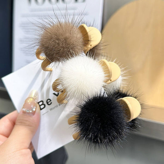 Mink Fur Ball Hair Claw - Cute Winter Fluffy Clip