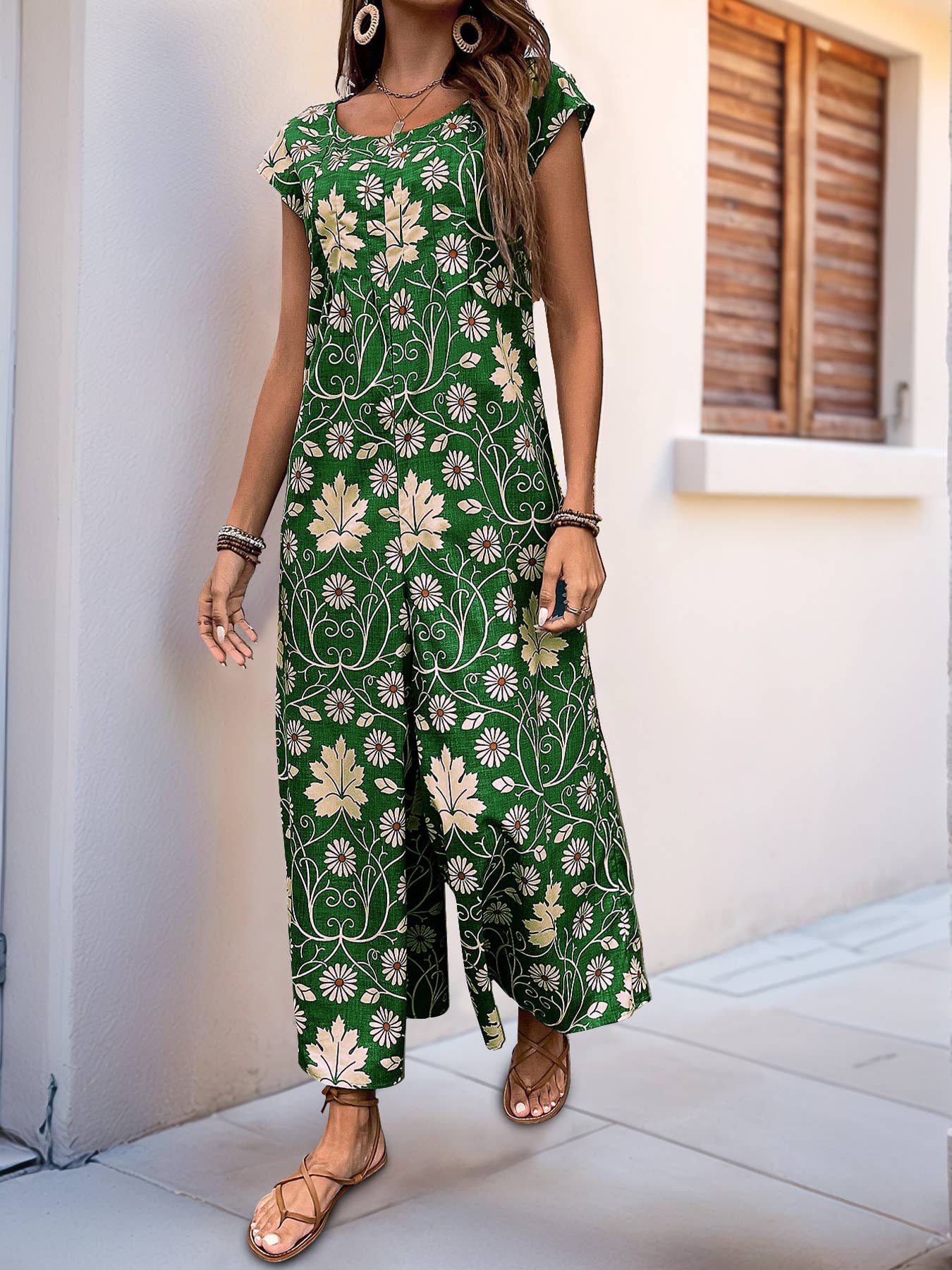 Long ethnic style printed wide-leg jumpsuit
