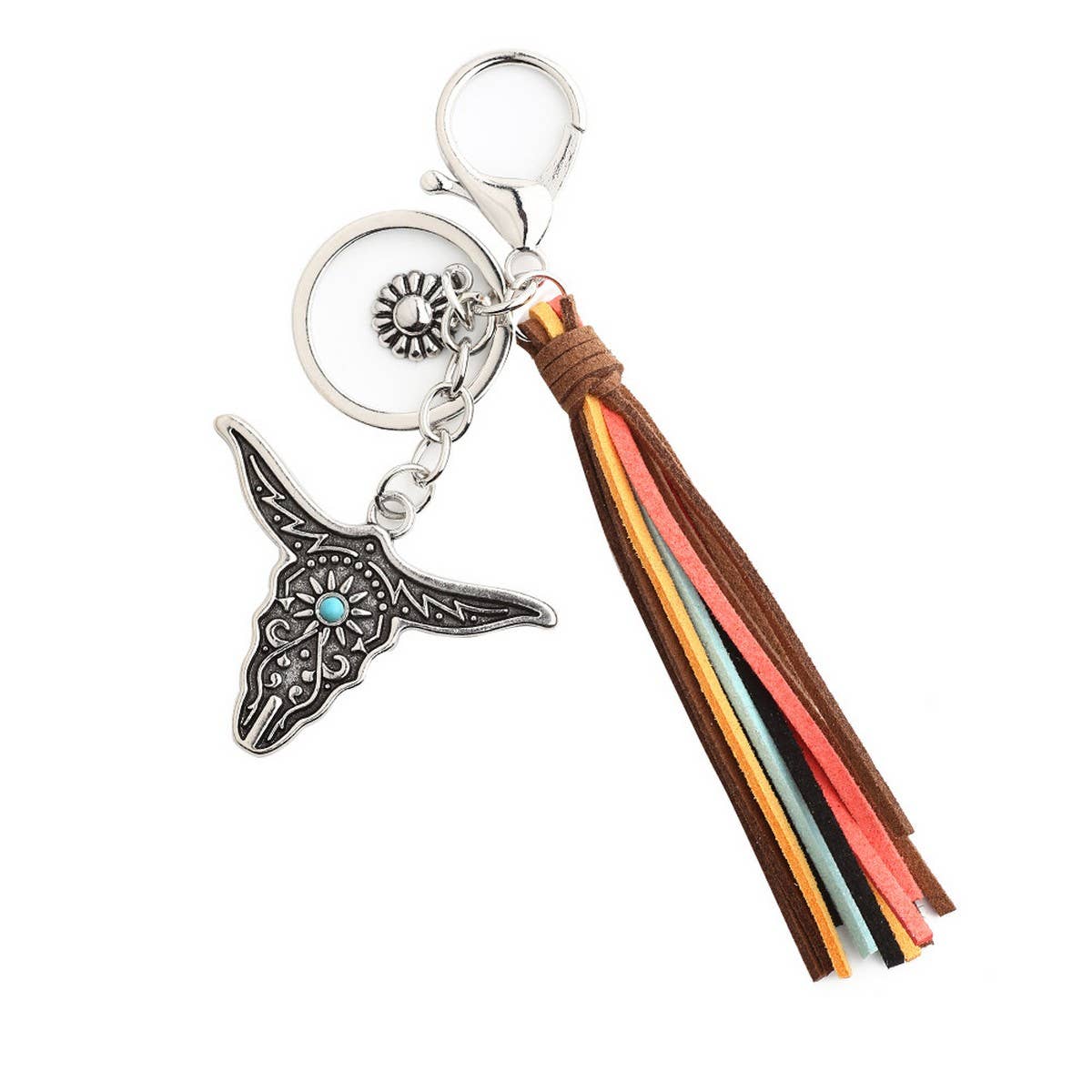 Boho Western Bull Head Keychain with Vintage Charm_CWAB5085