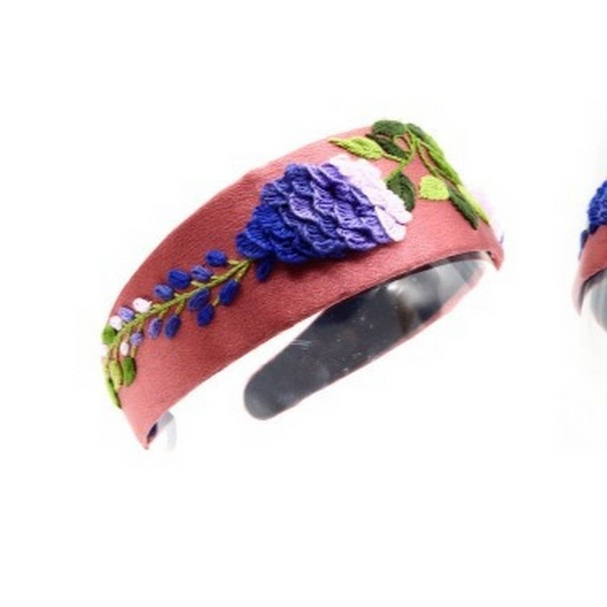 Embroidered Purple Vine Headband with Floral Art