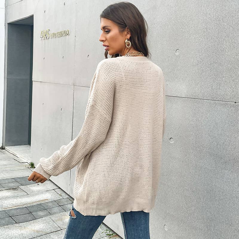 V-NECK BUTTON POCKET CARDIGAN KNIT CARDIGAN