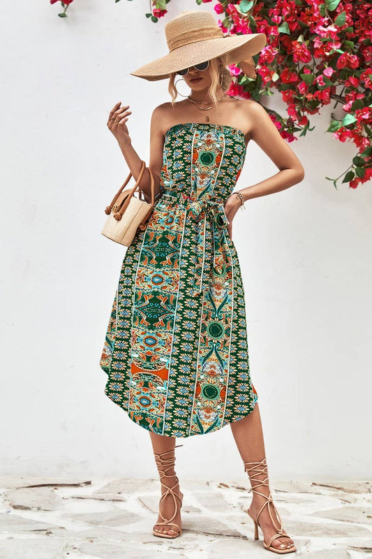 WOMEN FIT STRAPLESS PRINT DRESS_CWDSD2643