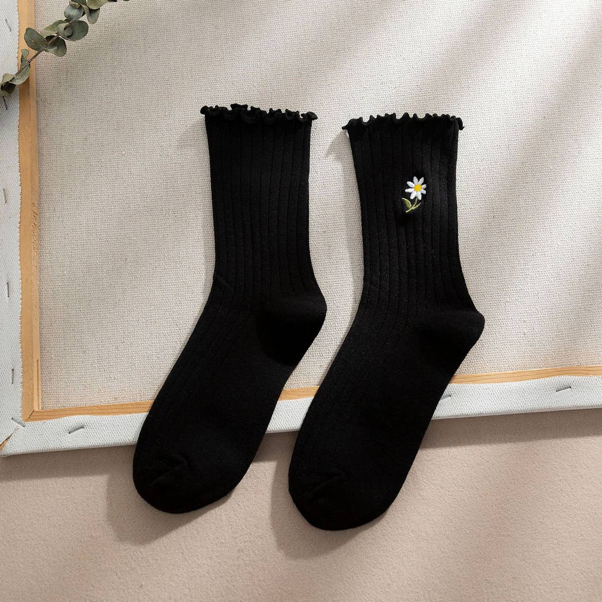 Flower Embroidery Crew Ruffle Socks Women