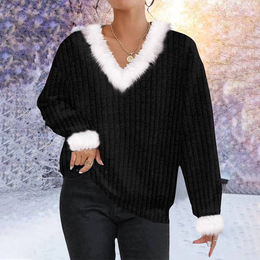 V WOOL COLLAR CLIP COTTON VERTICAL STRIPE SWEATER