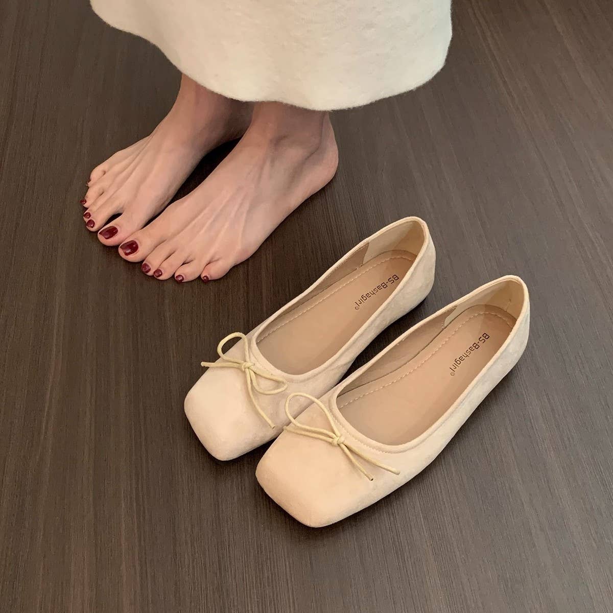 Bow Ballet Flats Soft Red Square Toe Shoes_CWSHF0119