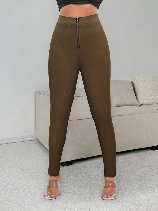 Stylish elastic-waistband zipper tight knit pants