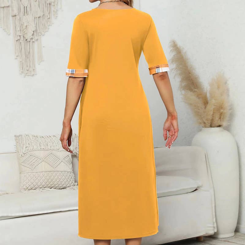 ROUND NECK COLOR CONTRAST IRREGULAR LONG DRESS