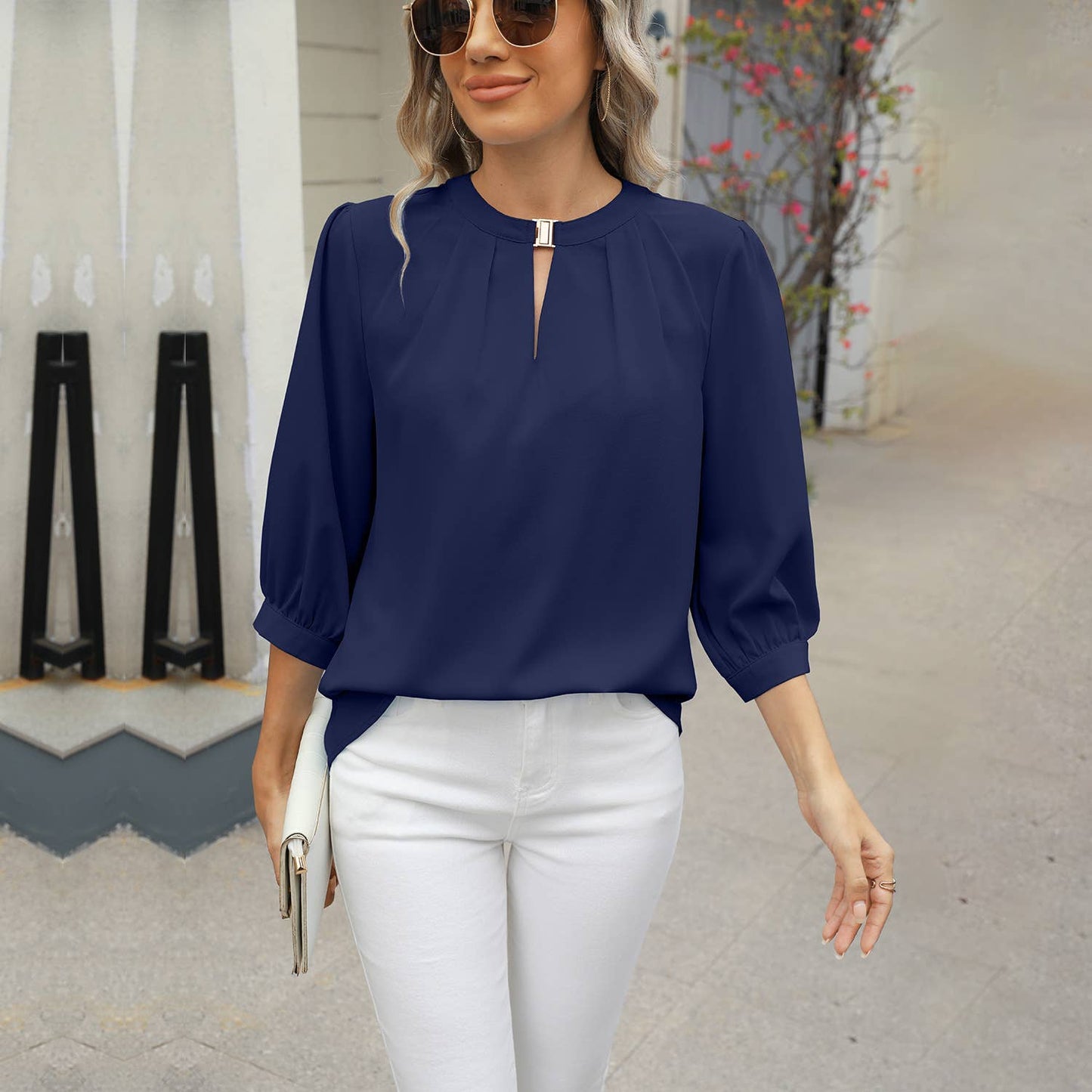 V-neck seven-point sleeve solid color chiffon