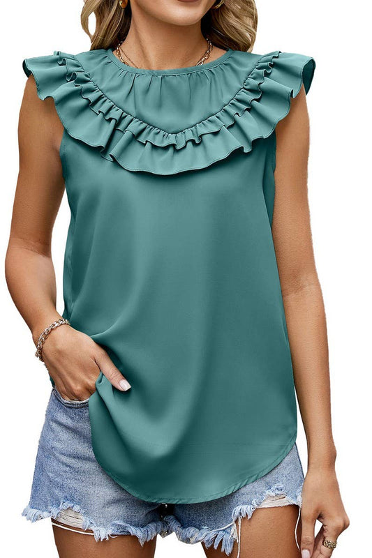 ROUND NECK RUFFLED CHIFFON TOP_CWTSTSL0030