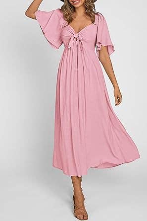 V-neck bow pleated mid-length short-sleeved dress