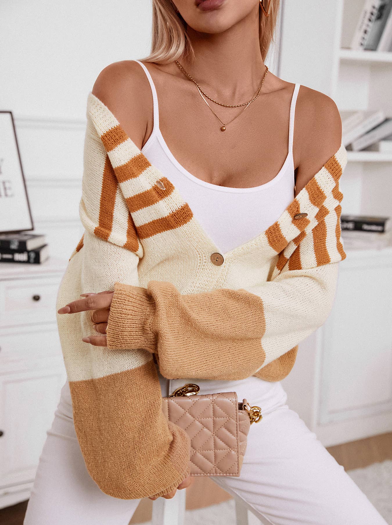 Striped button knit cardigan in contrasting colors