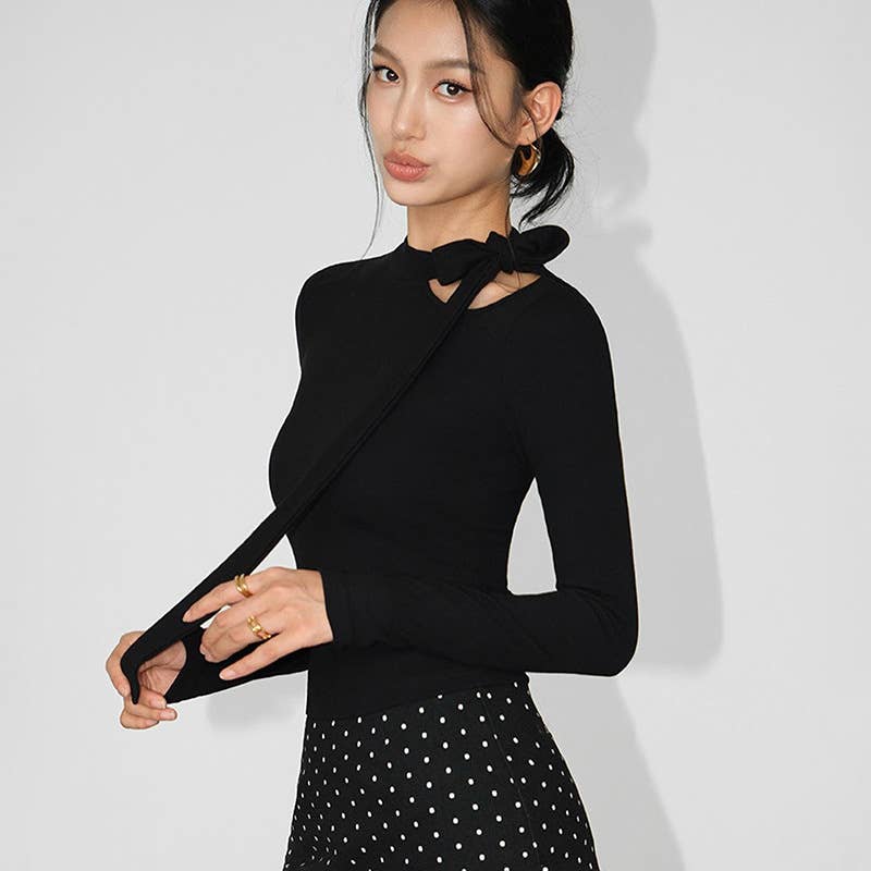 SEXY LONG-SLEEVED T-SHIRT WITH SOLID BOW TIE