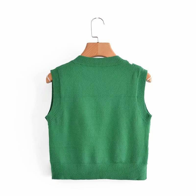 V-NECK KNITTED RHOMBOID MATCHING SHORT VEST STRAP