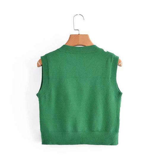 V-NECK KNITTED RHOMBOID MATCHING SHORT VEST STRAP