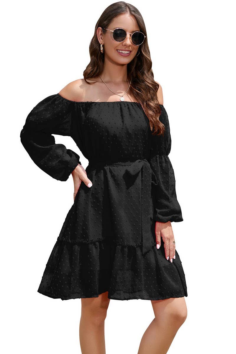 CWDSD8400_OFF SHOULDER POM POM CHIFFON BELTED DRESS