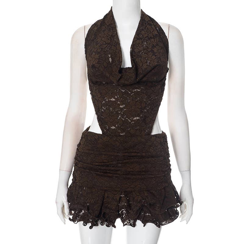 Lace Halter Backless Mini Dress