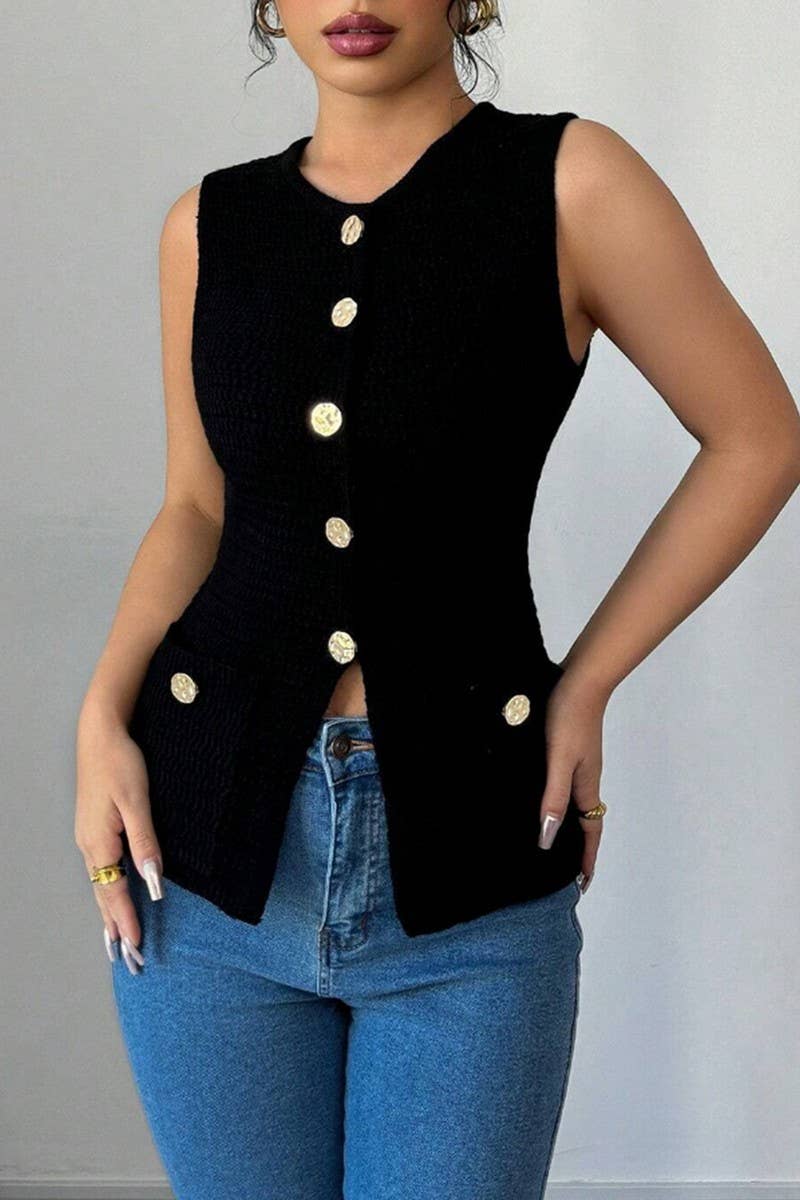CWOCASL0045_SOLID COLOR SLEEVELESS BUTTON VEST CARDIGAN