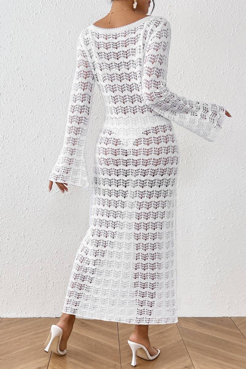 CWDMD4289_BELL SLEEVE KNIT HOLLOW BEACH MAXI DRESS