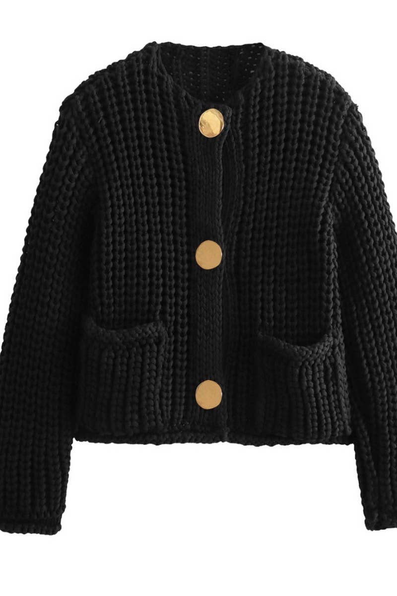CWOCAL2046_SOLID COLOR METAL BUTTON CHUNKY KNIT CARDIGAN