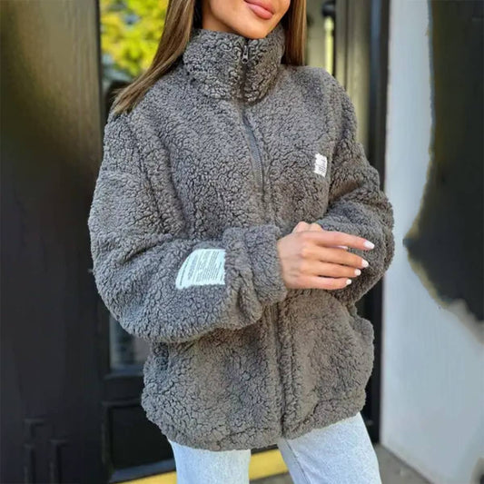 SOLID COLOR LAPEL ZIPPER FLEECE CARDIGAN COAT