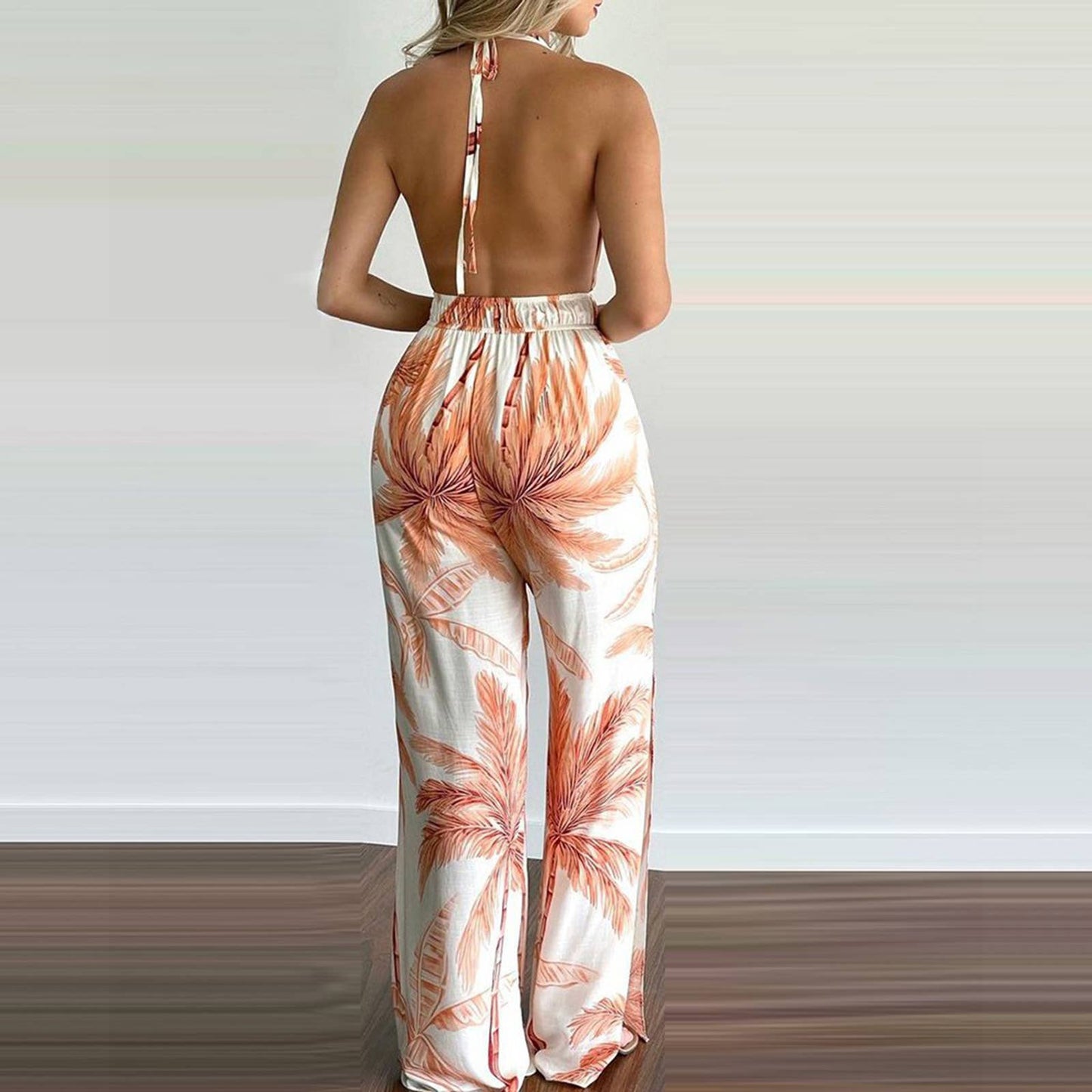 Printed colorful loose cinched-waist jumpsuit