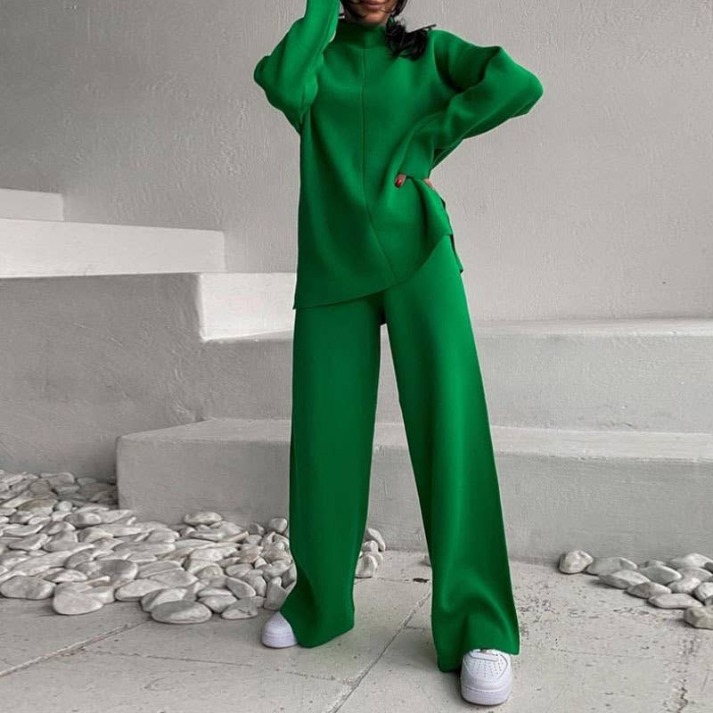 LONG SLEEVE LOOSE SWEATER KNIT TOP PANT SUIT