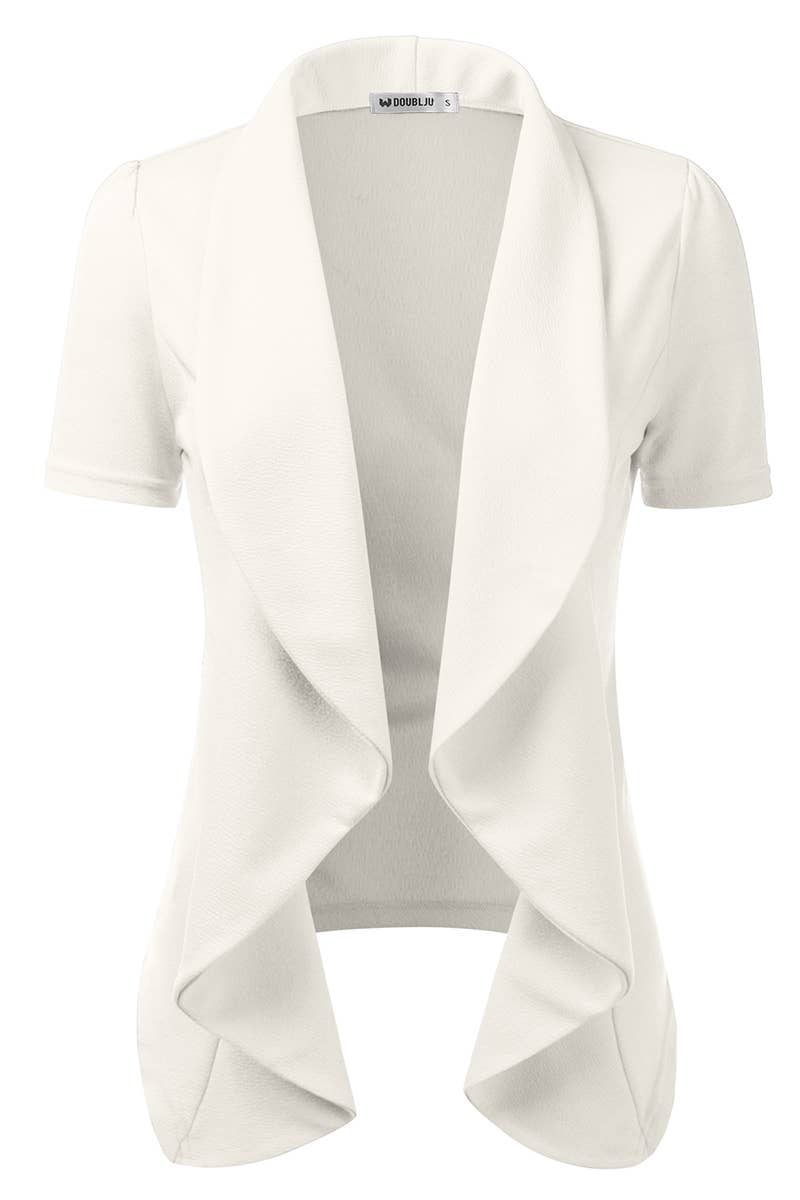 CWOBL095_Short Sleeve Open Front Draped Ruffles Blouses