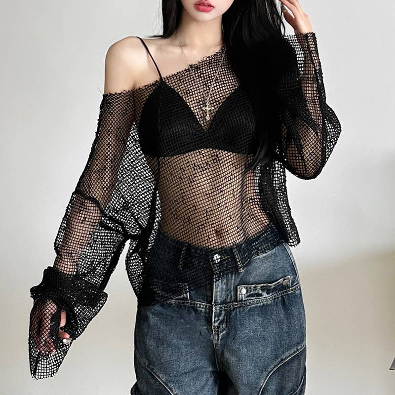 Sheer One Shoulder Mesh Long Sleeve Top