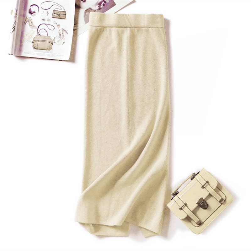 SIMPLE SLIM-FIT WRAP BOTTOM SPLIT KNIT SKIRT