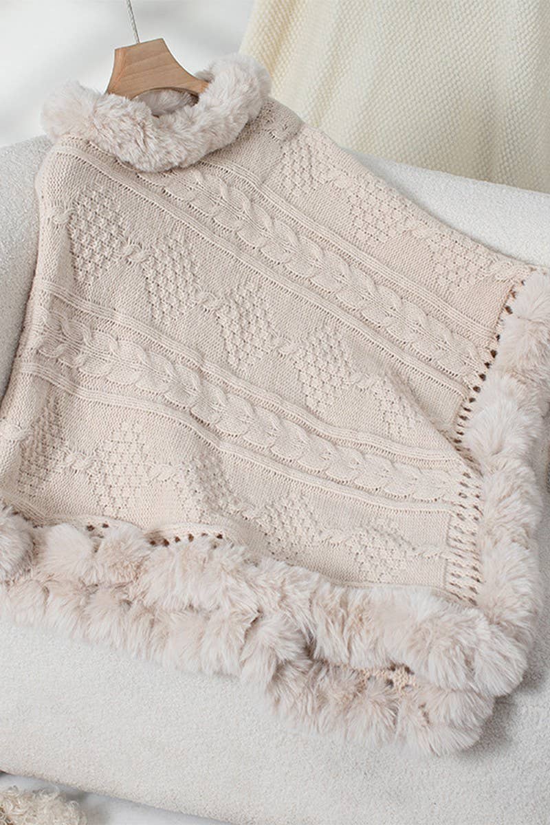 CWOSWS0093_FAUX RABBIT FUR COLLAR CABLE SWEATER CAPE COAT