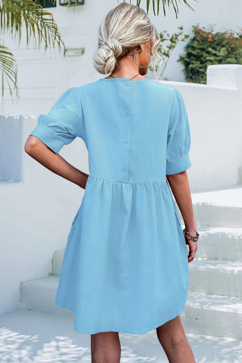 ROUND NECK BUTTON DOWN BUBBLE SLEEVE DRESS_CWDSD2627