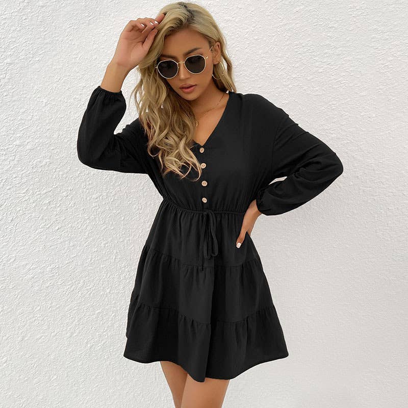 SOLID COLOR LACE-UP SLIM DRESS WITH LARGE SKIRT