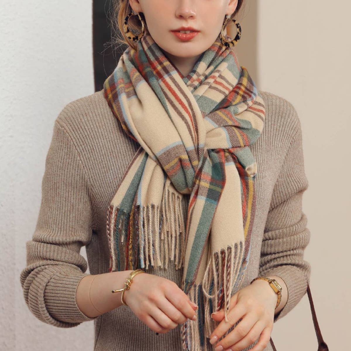 Plaid Winter Scarf for Women with Tassels, Warm_CWASC0186