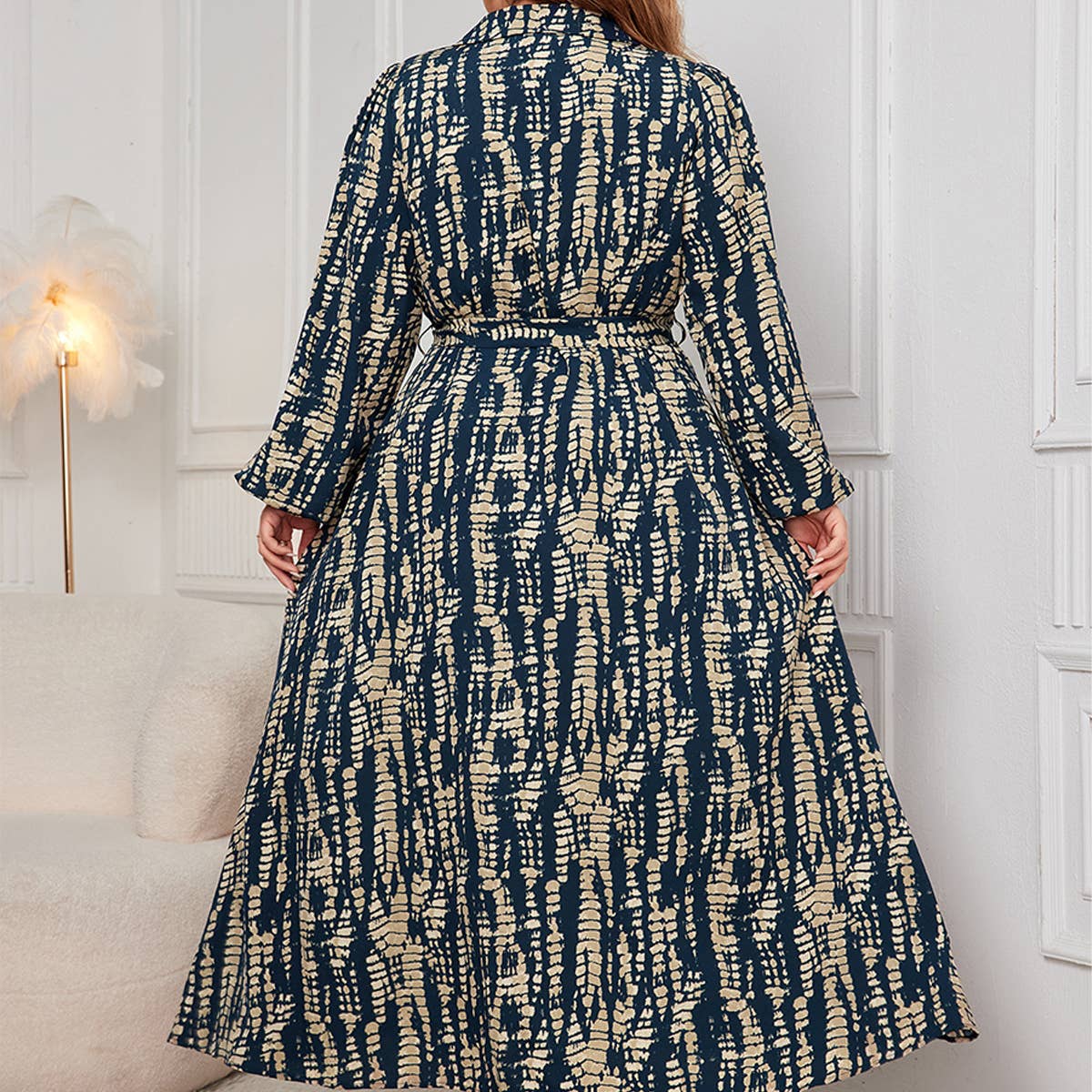 Plus Size Printed Dress ??Polo Collar Long Sleeve_CWDMD5969