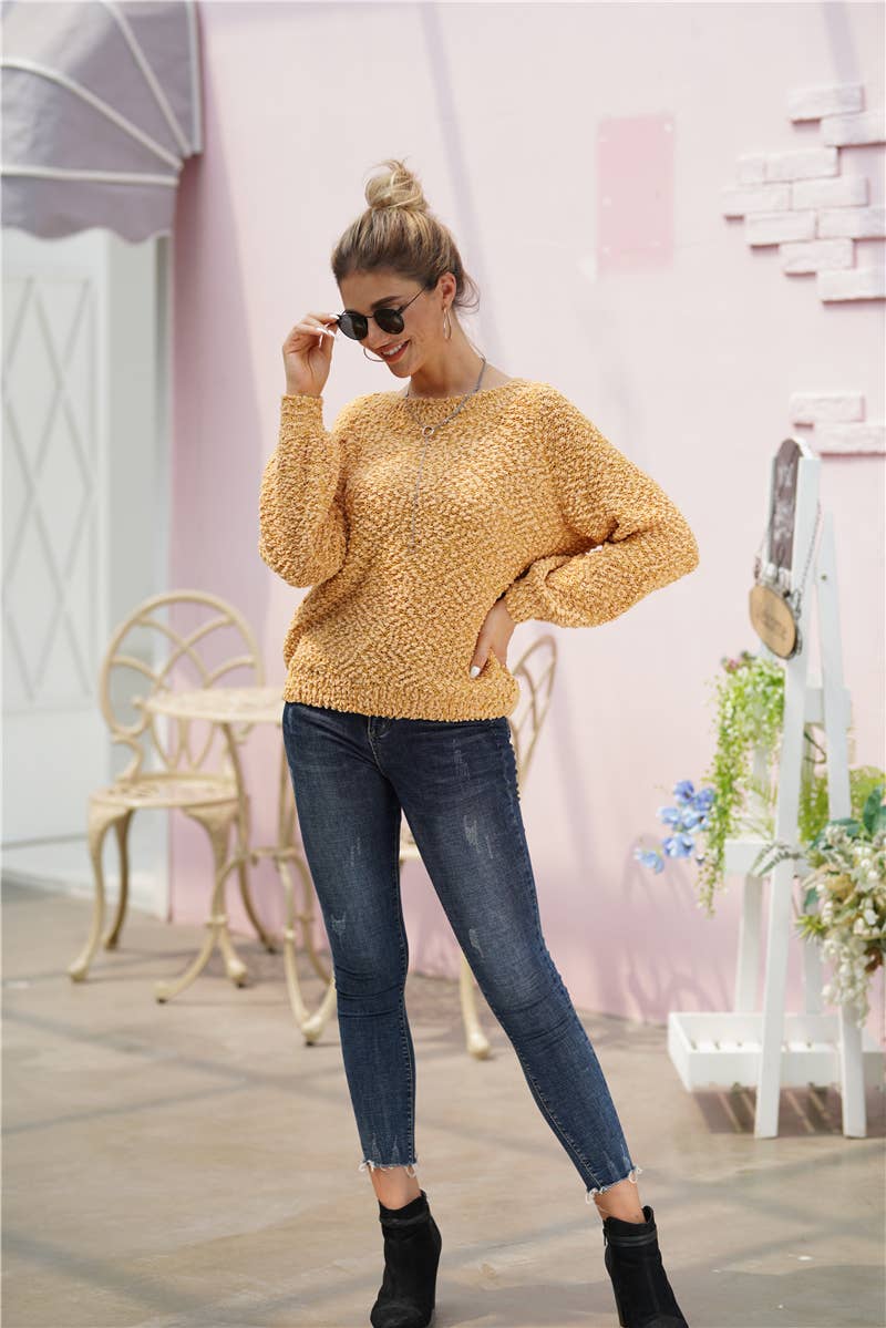 LINE NECK LONG SLEEVE SOLID PULLOVER SWEATER