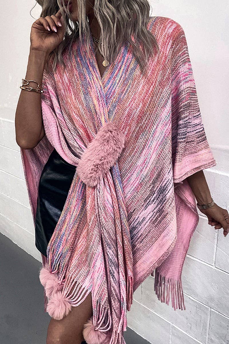 CWOCAS0051_CONTRAST COLOR POMPOM TASSEL KNITTED SHAWL