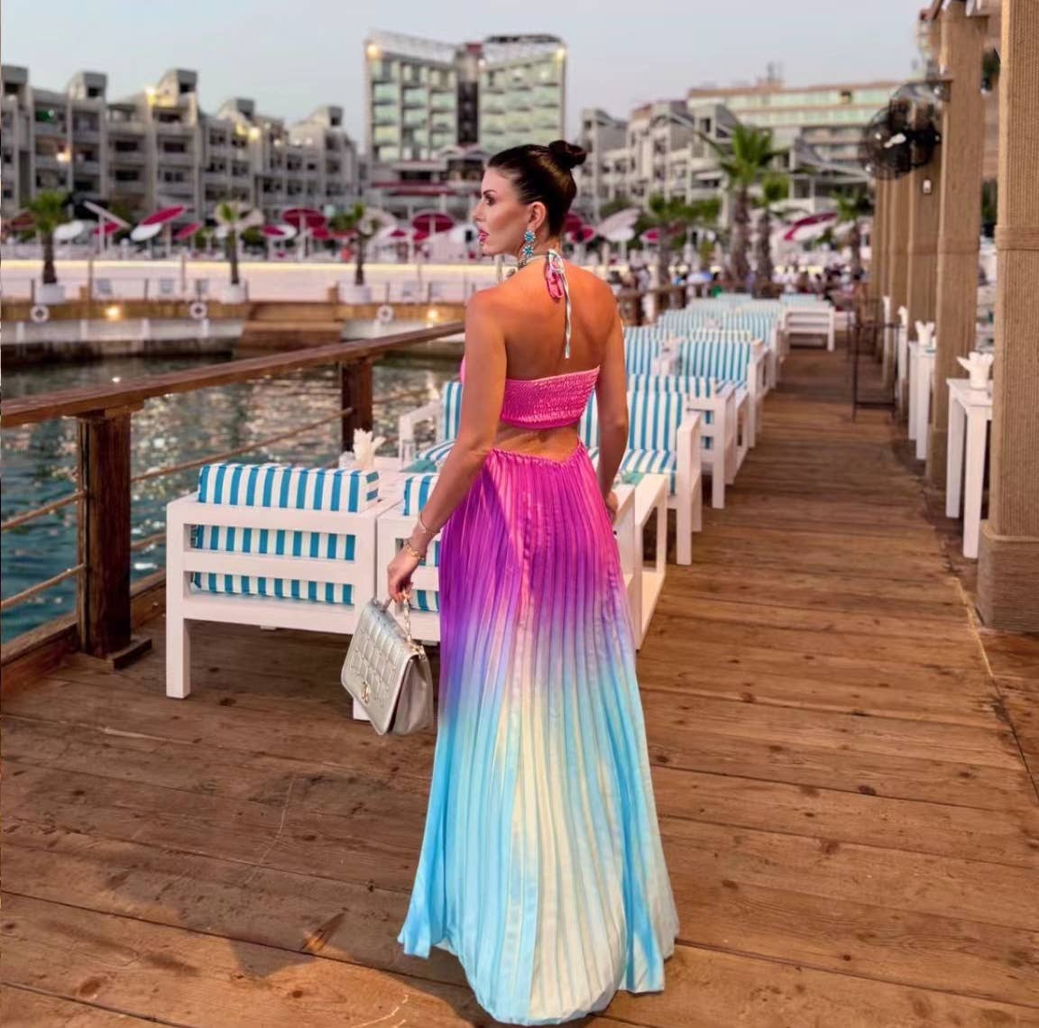 Gradient Halter Pleated Beach Vacation Dress