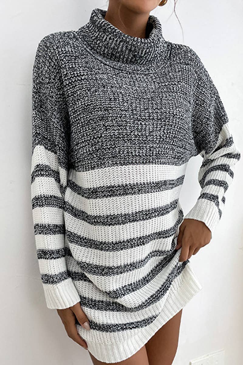 STRIPED KNIT MID-LENGTH TURTLENECK SWEATER DRESS