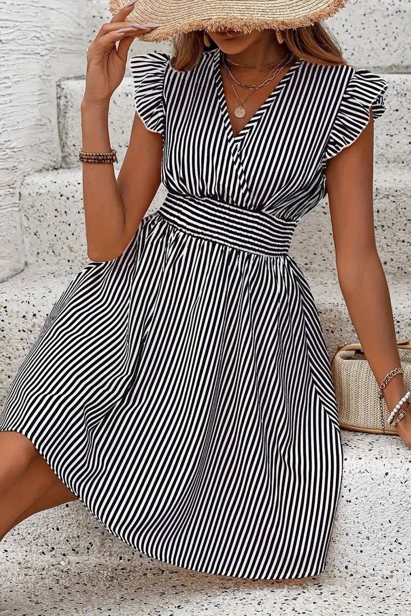 CWDSD8106_SUMMER STRIPED BUTTERFLY SLEEVE DRESS