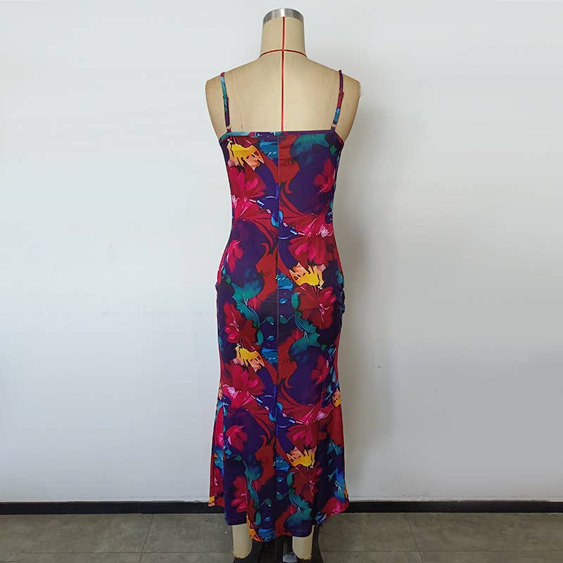 Sexy Floral Low-Cut Bodycon Maxi Dress