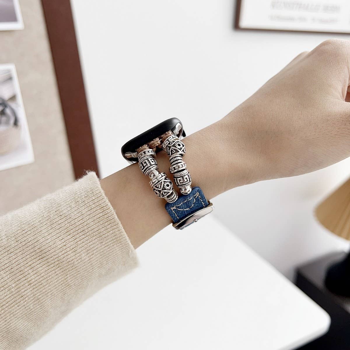 IWATCH9-1 TIBETAN SILVER DENIM LEATHER STRAP